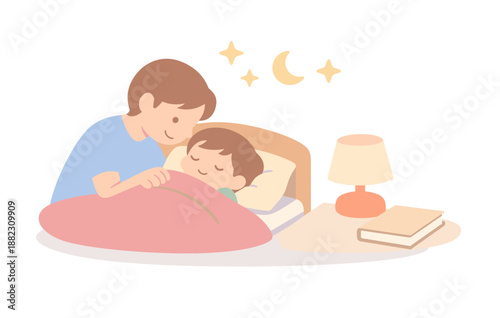 Caucasian adult male tucking in sleeping young child in cozy bedroom scene
