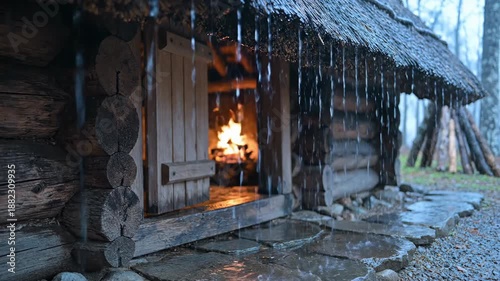 Rustic Log Cabin with Crackling Fireplace and Thatched Roof in a Rainy Forest Dusk Atmosphere Serene Outdoor Retreat with Wet Stone Pathway and Gentle Rainfall