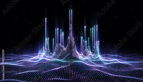 Digital data visualization in 3d space with neon lights