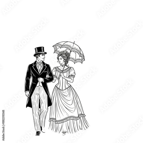 Victorian era man and woman walking Isolated On Transparent Background.