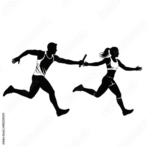 Man and woman running relay race Isolated On Transparent Background.