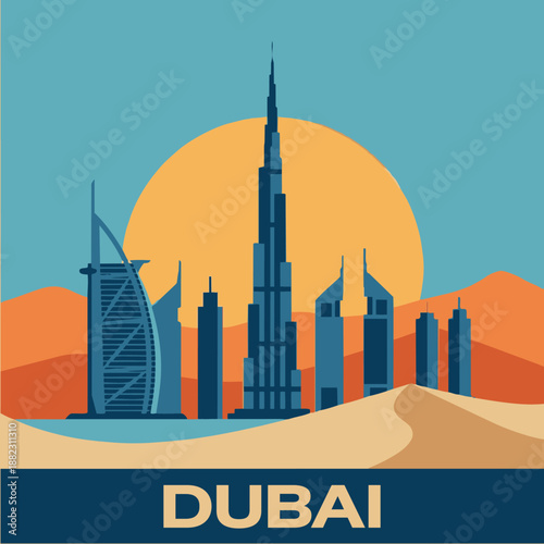 Vintage Dubai Travel Badge: Retro Vector Illustration with Arabic Calligraphy, Dhow Boat, Palm Trees, and City Skyline in Ornate Circular Frame