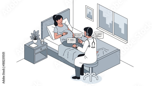 A doctor in a white coat sitting on a stool examines a patient on a hospital bed in a modern, well-equipped room with a nightstand and plants nearby