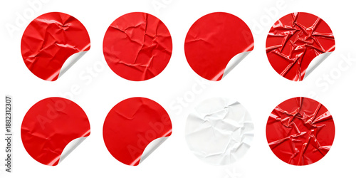 a collection of crumpled red and white circular stickers with peeling edges on transparent background high quality professional detailed modern elegant