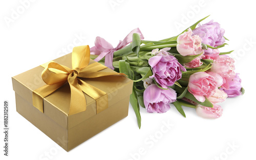 Bouquet of flowers and gift box isolated on white