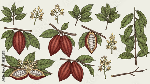 Illustration of cacao pods, flowers, and leaves on branches showcasing the plant's life cycle and details
