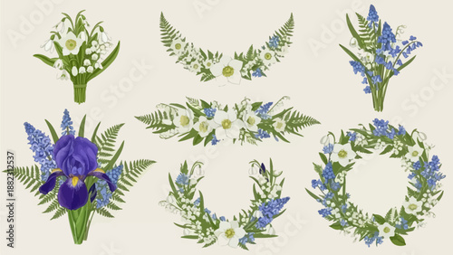 Collection of floral wreaths and bouquets with lush greenery and vibrant flowers in various arrangements