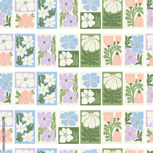 Groovy Abstract Flower Folk Art. Floral Seamless Pattern. Geometric Ornament Organic Tiles shapes in trendy naive retro hippie 60s 70s. Contemporary Hand Drawing. Vector Illustration