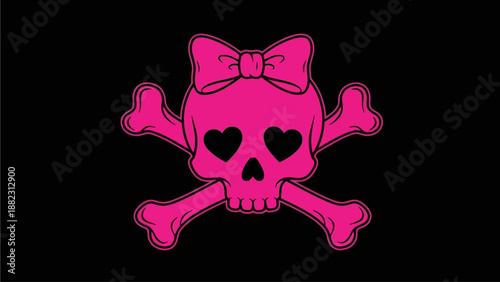 Illustration of a pink skull with heart-shaped eyes and bow on transparent background