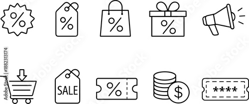 Sale and discount icons set. Shopping promotion, coupon, price tag and special offer outline symbols