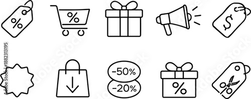 Sale and discount icons set. Shopping promotion, coupon, price tag and special offer outline symbols