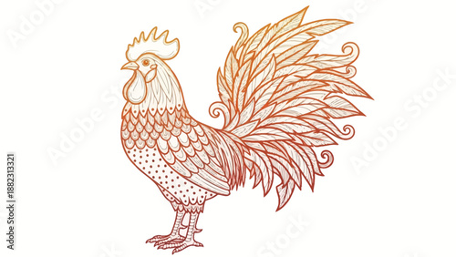 An intricate illustration of a rooster standing proudly showcasing detailed plumage and feathers from a side viewpoint