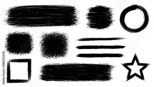 Collection of hand drawn brush strokes and shapes in black on a plain background from a direct viewpoint