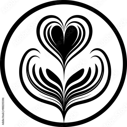 Black circle with white heart and latte art design love coffee, Latte Art Heart and Rosetta Vector Logo
