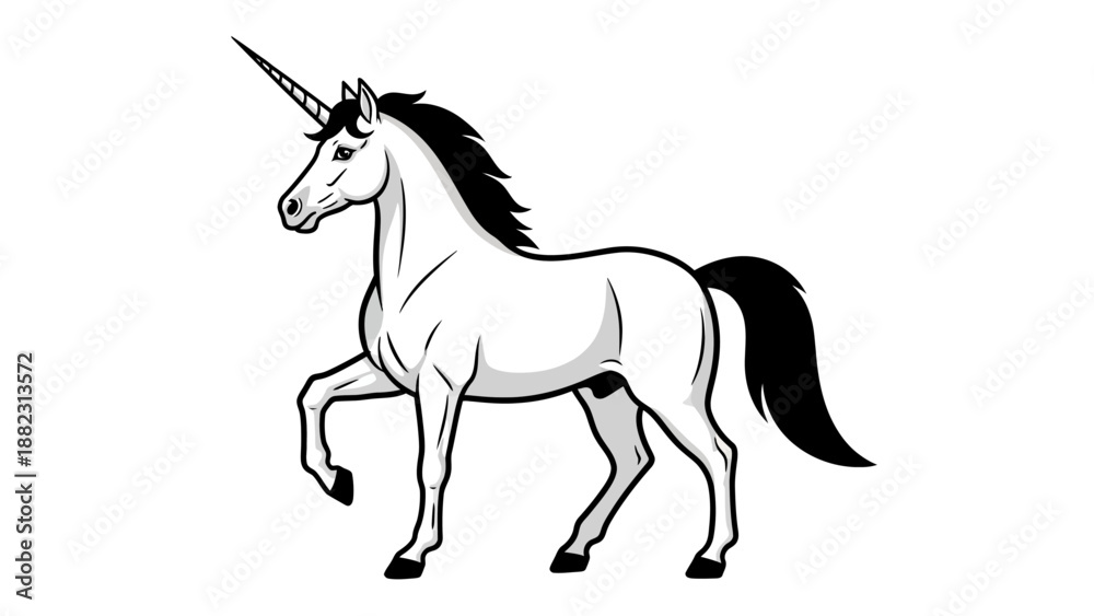 Fototapeta premium A majestic unicorn running freely in a fantasy landscape viewed from the side, with flowing mane and tail