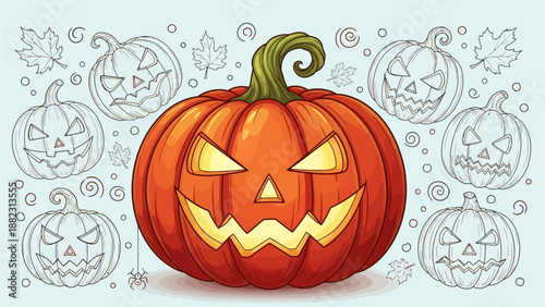 A vibrant orange pumpkin with a menacing face and green stem, surrounded by sketches of various jack-o-lanterns on a light background
