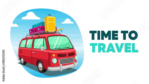 A red van loaded with luggage and travel bags ready for a journey on a sunny day