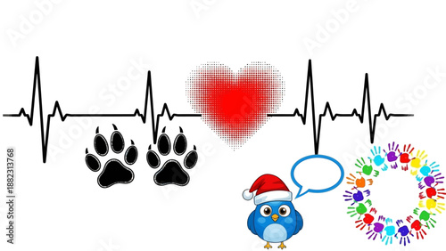 A festive illustration featuring a heartbeat line, paw prints, heart symbol, cartoon character in Santa hat, and a virus representation