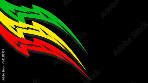 Vibrant abstract illustration with swoosh shapes in green, yellow, and red hues on a dark background, dynamic movement and energy