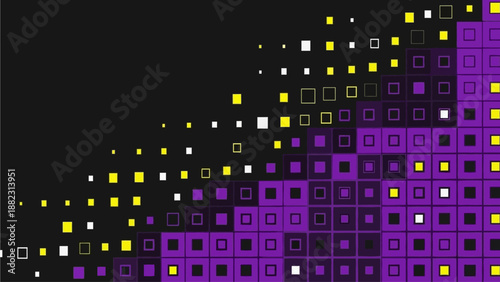 Geometric pattern with purple and yellow squares and dots on a dark background, showcasing a modern abstract design with various shapes and colors