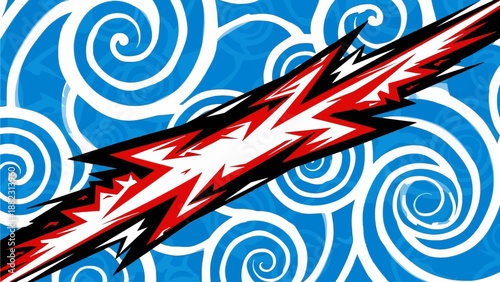 A red and black lightning bolt on a blue background with white swirls