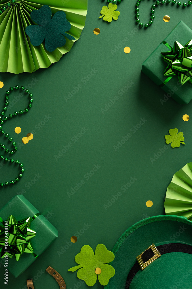 Obraz premium Vibrant vertical green holiday scene featuring shamrocks, hats, beads, gift boxes, and confetti ideal for St Patrick's Day greeting and seasonal inspiration
