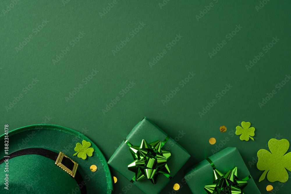 Fototapeta premium Vibrant green items, shamrocks and gift boxes create a joyful St Patrick's Day scene suitable for greeting cards and promotional material. Hat, ribbons and confetti add festive charm and luck