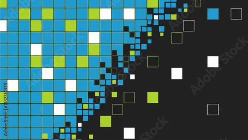 Digital pixels transitioning from blue grid to black background with scattered squares, viewed from a straightforward perspective, showcasing technology and graphic design elements