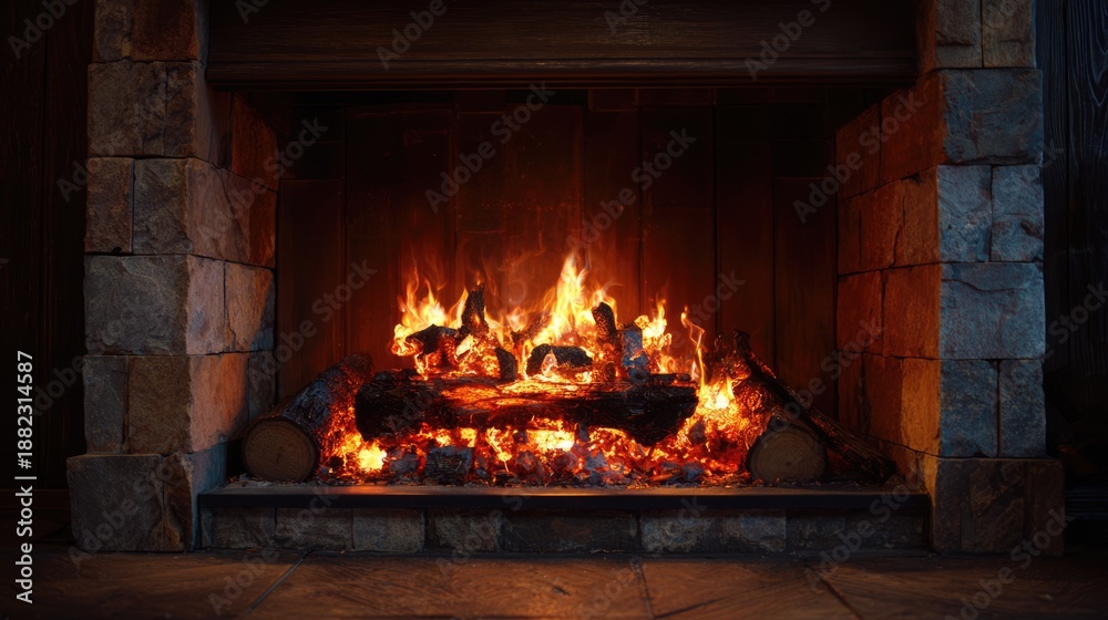 Obraz premium Electric fireplace with a warm flame effect in the stone wall. Stove heater with crackling wood in the living room or bedroom