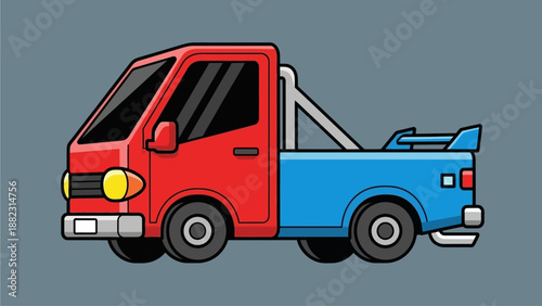 Red and blue tow truck illustration viewed from the side on a grey background