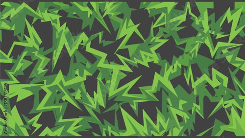 A vibrant digital illustration of green star shapes scattered across a dark background from a direct viewpoint