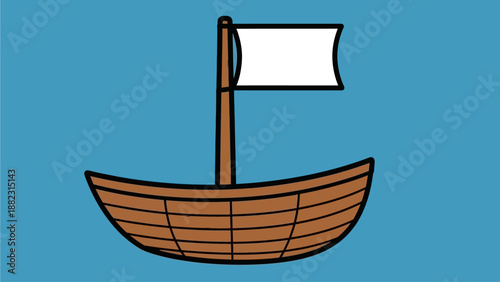 Simple wooden boat with a white sail on calm waters from a side viewpoint illustration