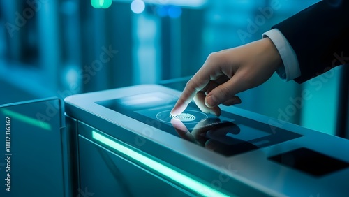 person using a modern electronic access control system, involving a biometric interface on a turnstile