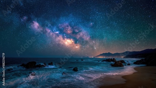 Ocean waves crash on a rocky shore under a brilliant Milky Way galaxy