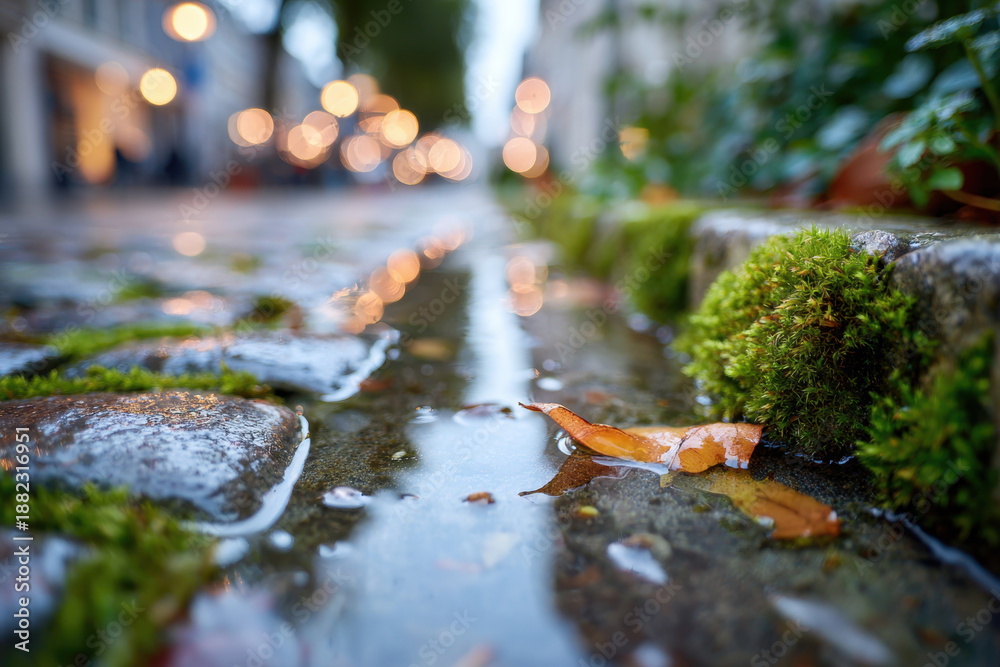 Fototapeta premium Cobblestone street at sunset with puddles