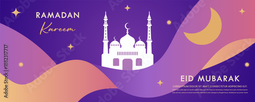 Ramadan Kareem banner for the holiday. Eid Mubarak promotional card. Ramadan concept with a mosque and crescent moon.