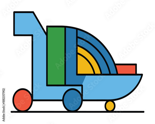 A colorful abstract illustration of a stylized vehicle with geometric shapes