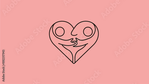 Stylish heart shaped faces kissing in minimalist line art style