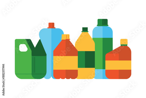 A colorful illustration of various plastic bottles and containers for liquids and chemicals.