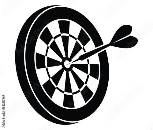 Slika na platnu A black and white illustration of a dartboard with a dart hitting the center