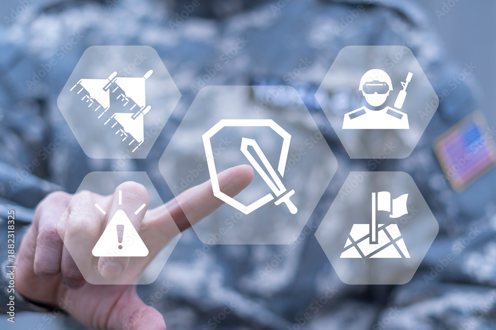 Obraz premium Soldier using virtual touchscreen presses icon of shield with sword symbolizing: military weapons, defense, attack. Attack and Defense Military Modern Tactics Concept. Shield and sword as army symbol.