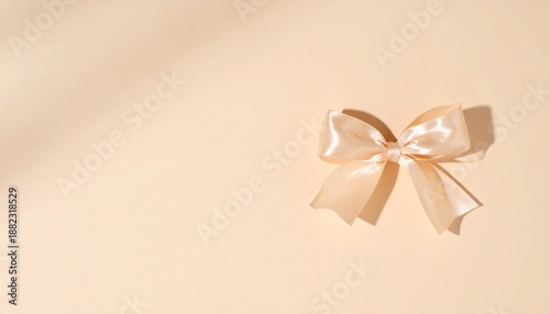 Valentines day elegant ribbon bow banner on beige background with copy space