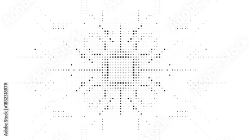 Symmetrical Black Halftone Mandala with Square Pixel Grid for Futuristic Technology Branding and Modern Digital Infrastructure Concept Vector Illustration