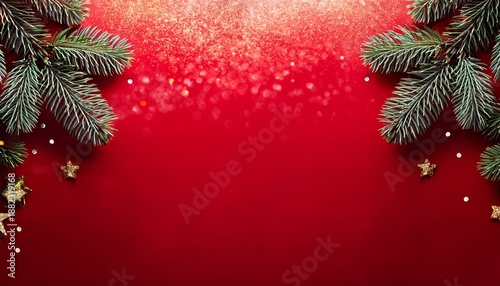 Red Christmas Background With Fir Branches And Sparkles Image