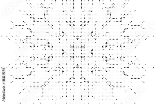 Minimalist grey square pixel pattern expanding from the center like a digital snowflake or geometric structure Vector Illustration