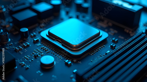 High performance processor chip on blue motherboard, advanced semiconductor technology for ai computing, data center servers, embedded systems, and modern digital electronics