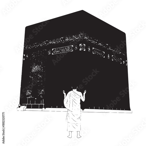 Pilgrim standing beside the Kaaba in Masjid al-Haram during a religious pilgrimage scene.
