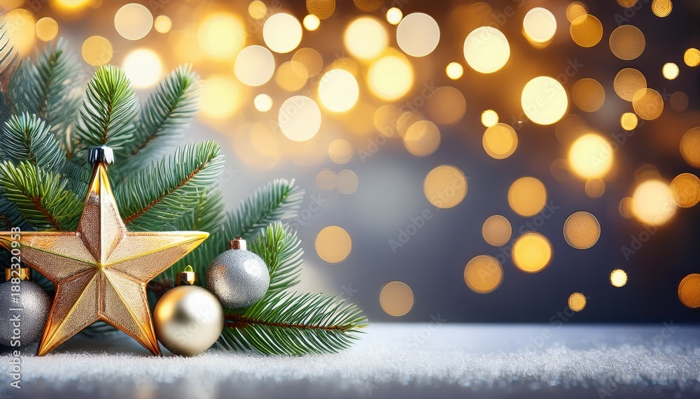 Obraz premium Festive Christmas Ornaments With Gold Star Silver Baubles Pine Branches And Bokeh Lights For Holiday Season And Celebrations