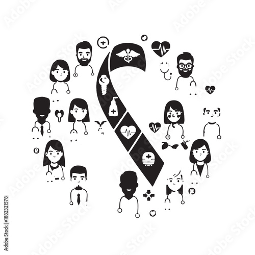 Illustration of a health awareness ribbon surrounded by diverse doctors, nurses, and patients.