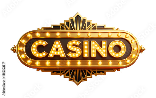 a golden ornate casino sign with glowing lights and vintage art deco design on transparent background high quality professional detailed modern